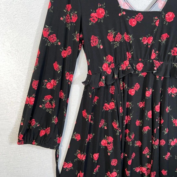 Torrid Dress Womens 0 Black Red Floral Ruffle V Neck Long Sleeve Casual - Picture 12 of 15
